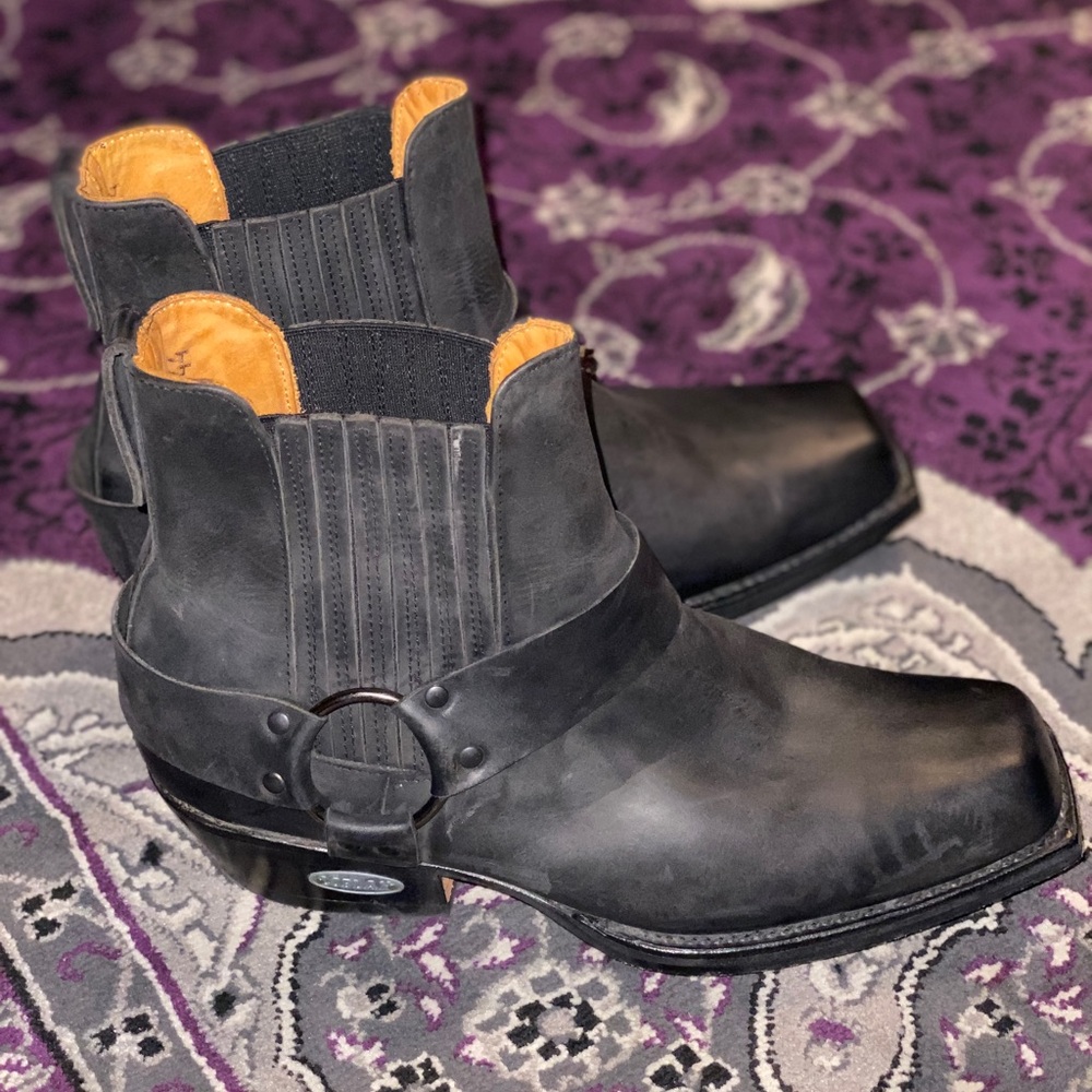 BRAND NEW Loblan Men's Black Leather Cowboy Biker Ankle Boots, size 10.5